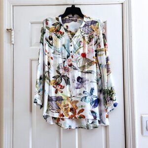 Soft Surroundings Floral Rayon Long Sleeve Tunic Buttons Velvet Trim Lightweight